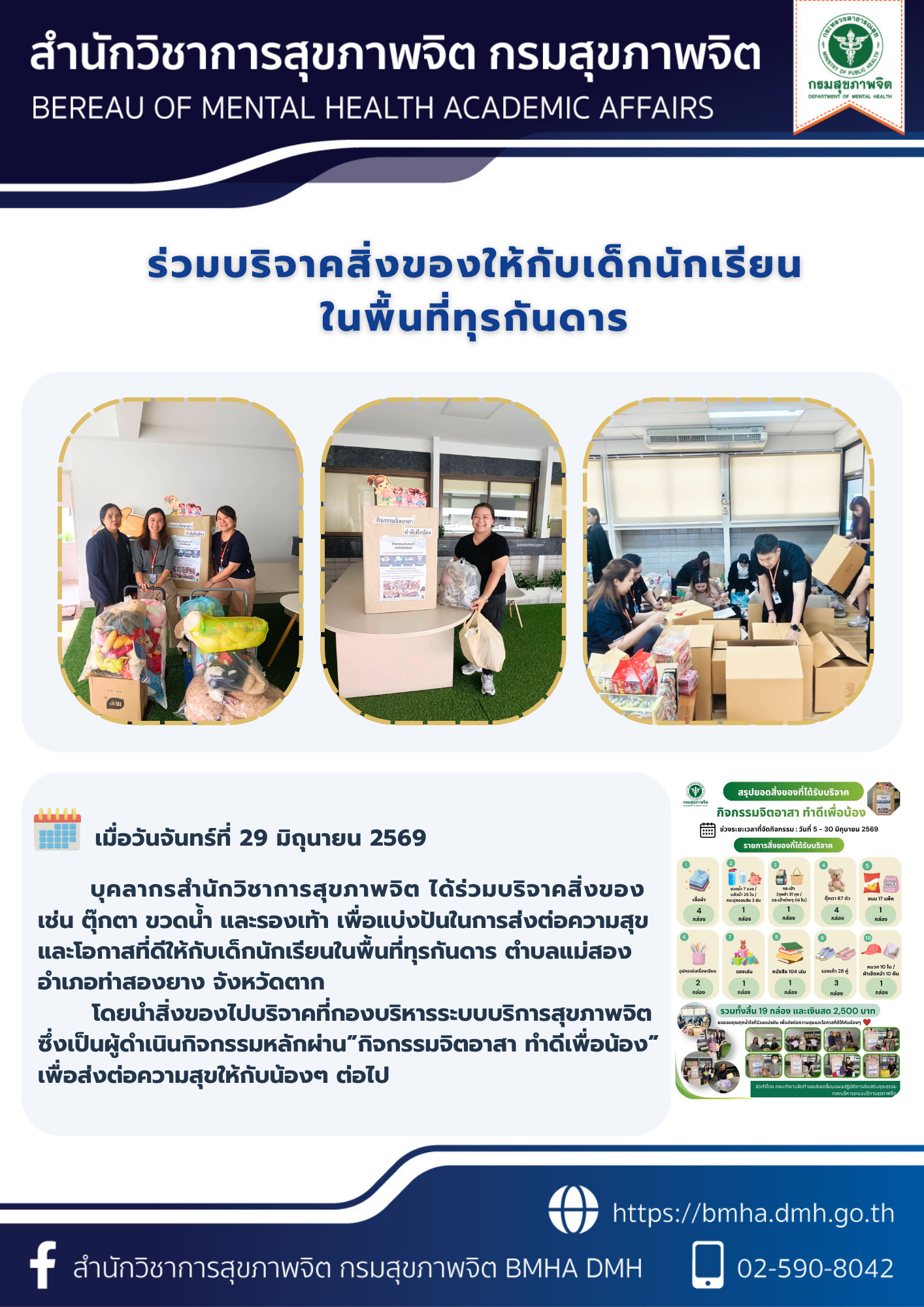 สำนักวิชาการสุขภาพจิต ร่วมบริจาคสิ่งของให้กับเด็กนักเรียนในพื้นที่ทุรกันดาร